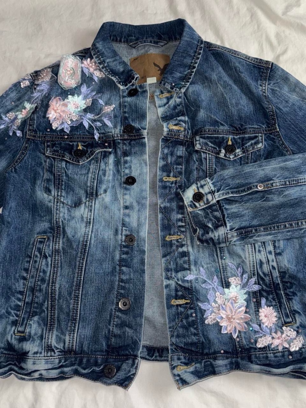 Embroidered Blue Denim Jacket with Floral Accents